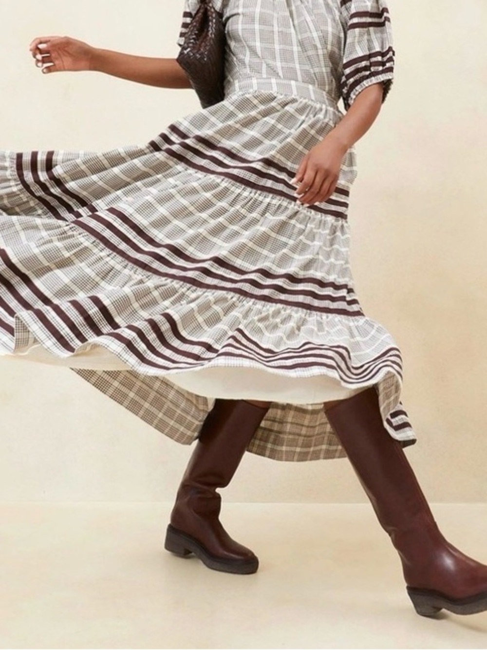 Loeffler Randall Tiered Plaid Skirt in Brown and Cream